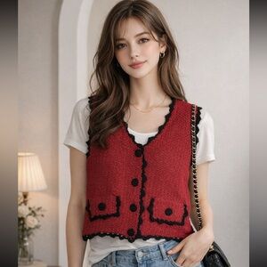 - Michael Simon vintage crochet vest - size L red black Y2K